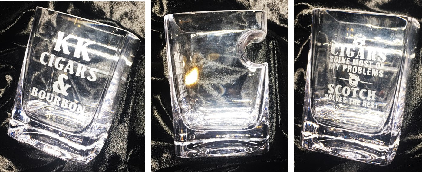 Cigar Glass - drinking glass that holds a cigar.  3 different designs