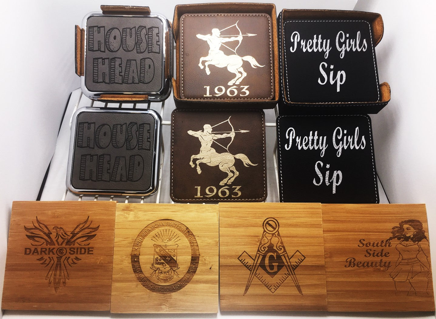 Custom leather and bamboo coasters.  Leather coasters can come with the rimmed option.