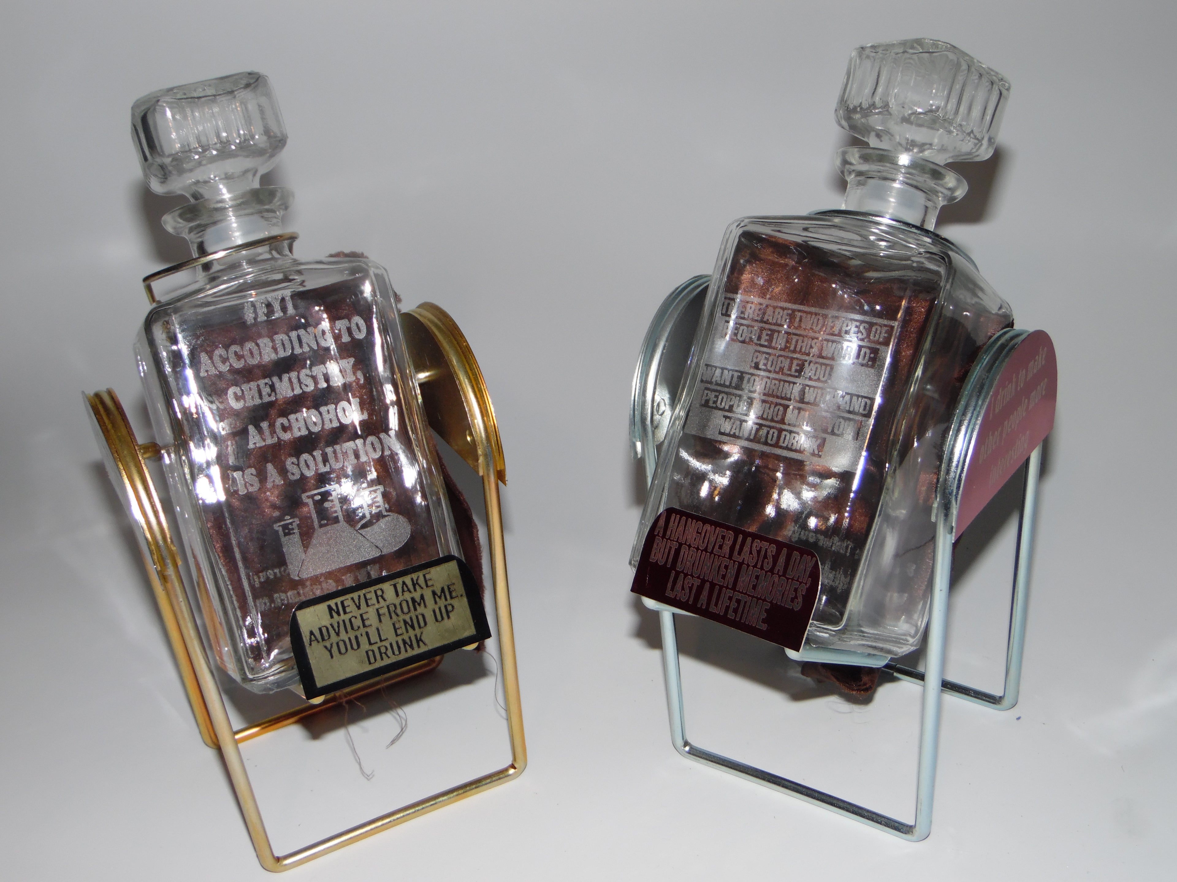 Classic Liquor Rocker - Silver and Gold.  Chemistry on Black and Gold Rocker.  Two types of people on Red and Silver Rocker.